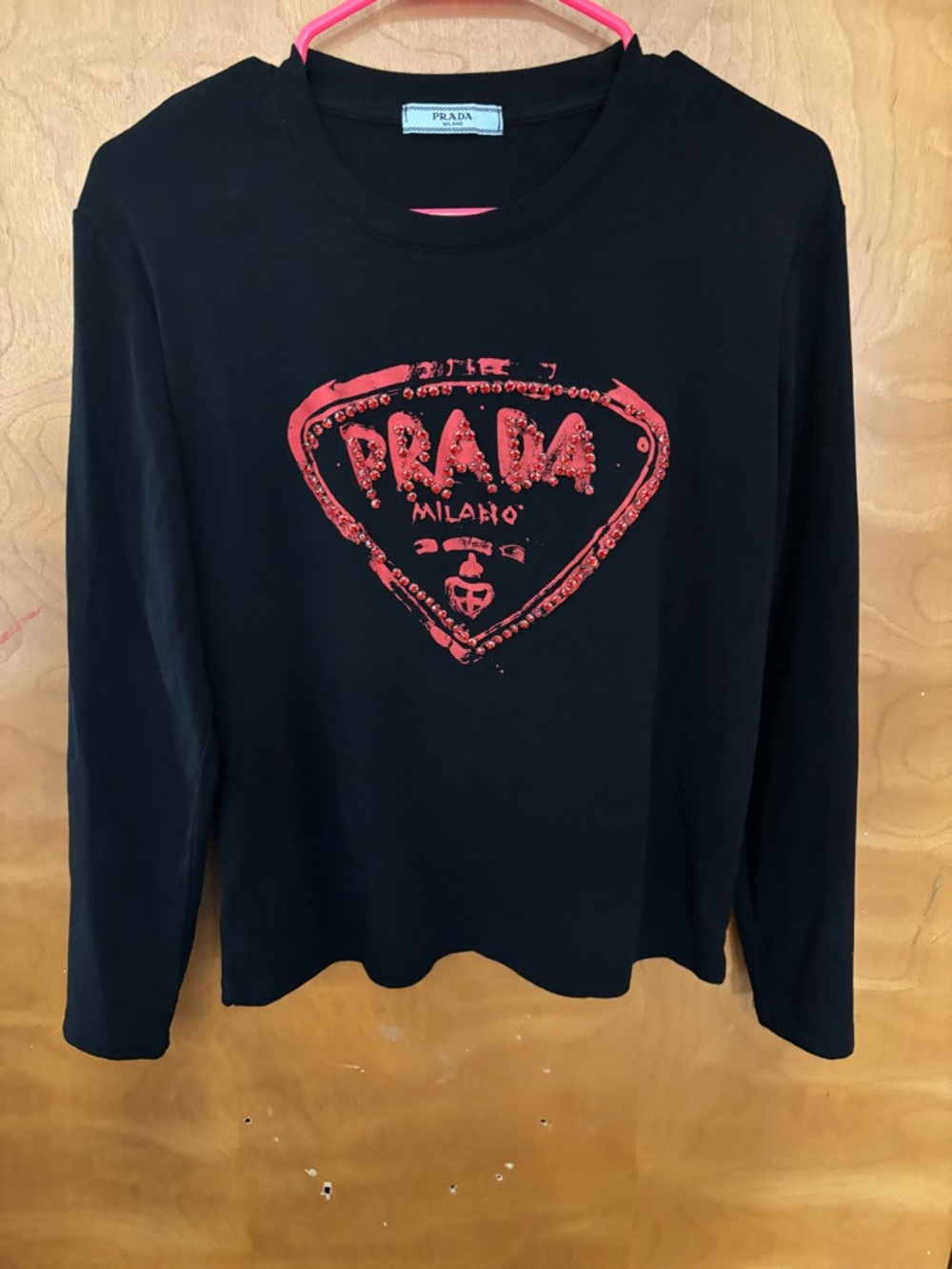Prada Black Long-Sleeve Logo Tee with Red Graphic